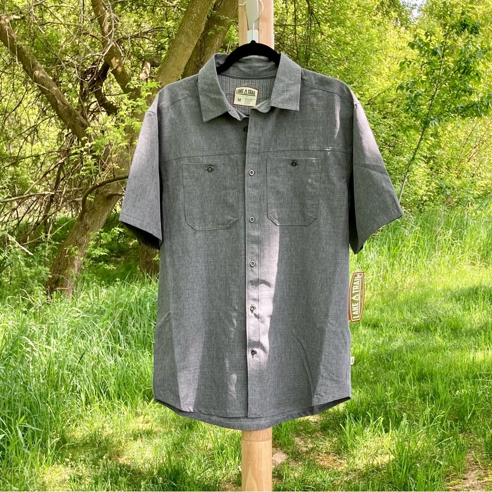 Lake & Trail: Men’s short sleeve gray outdoor adventures shirt in medium.